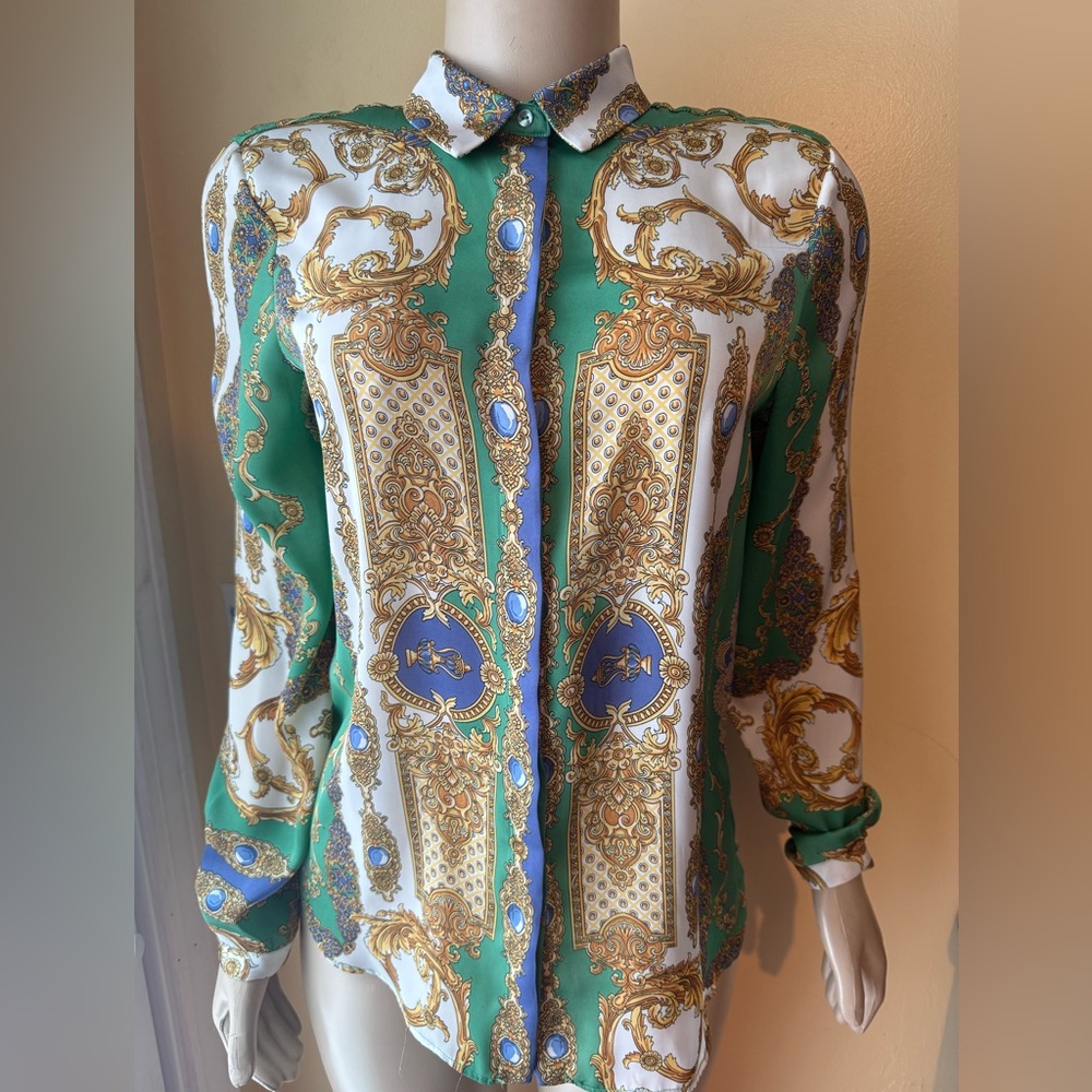 Zara Green, Blue and Gold Paisley Blouse with hidden buttons.